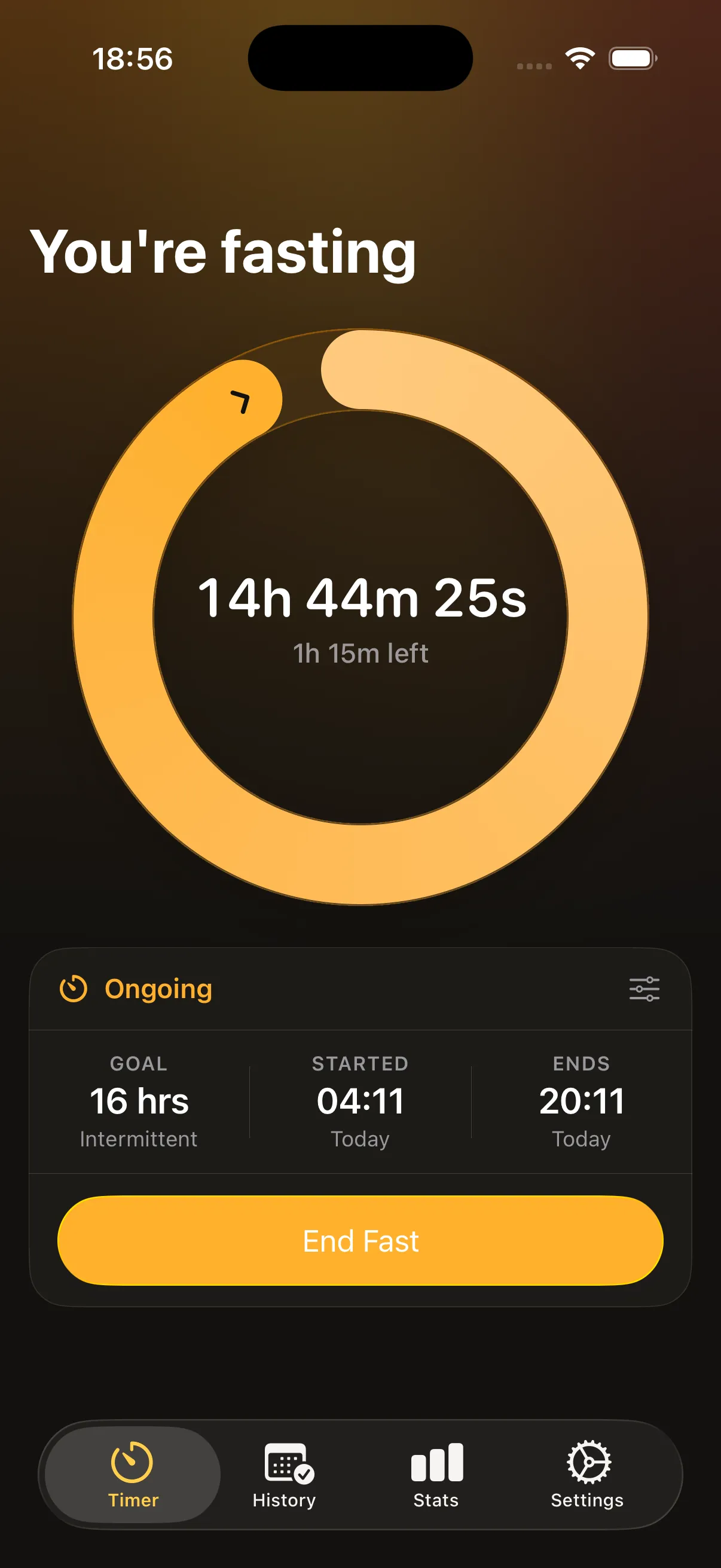 Fasting timer: a single progress ring with elapsed time and time left