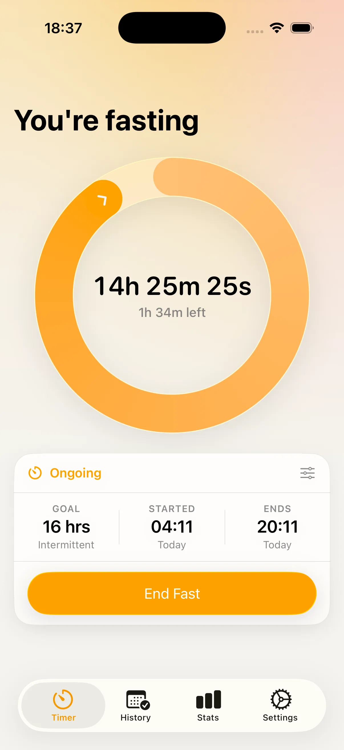 Fasting timer: a single progress ring with elapsed time and time left