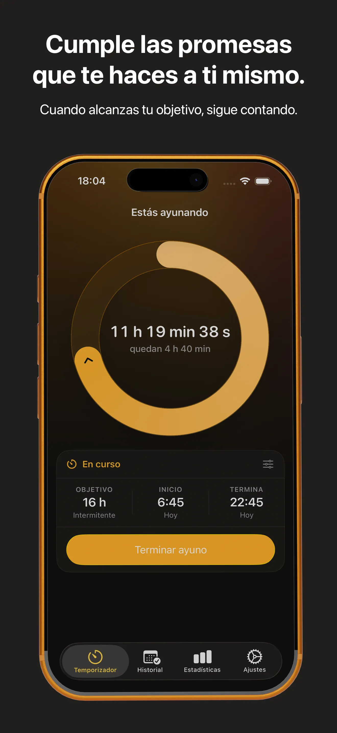 El temporizador de ayuno: un anillo de progreso con el tiempo transcurrido y el restante