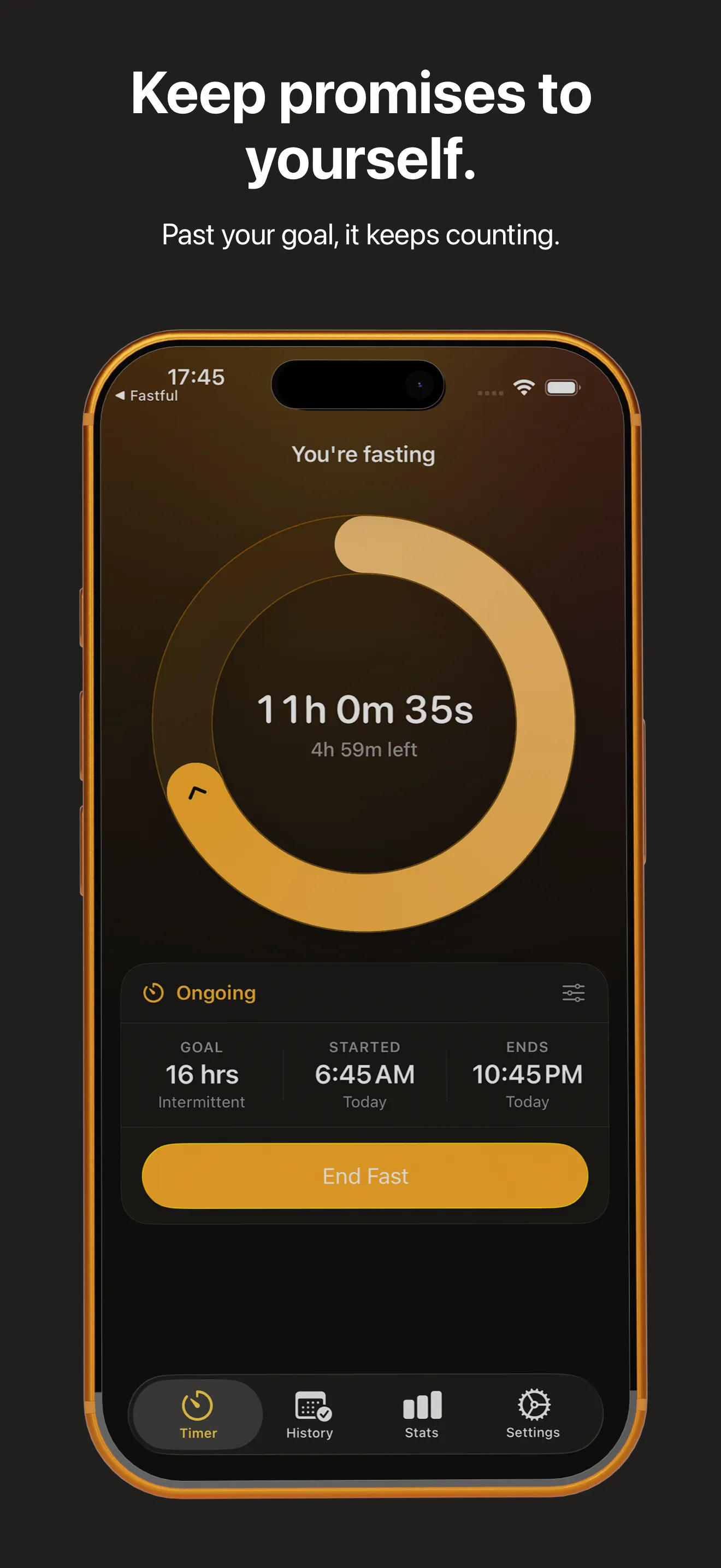 The fasting timer: one progress ring showing elapsed time and time left