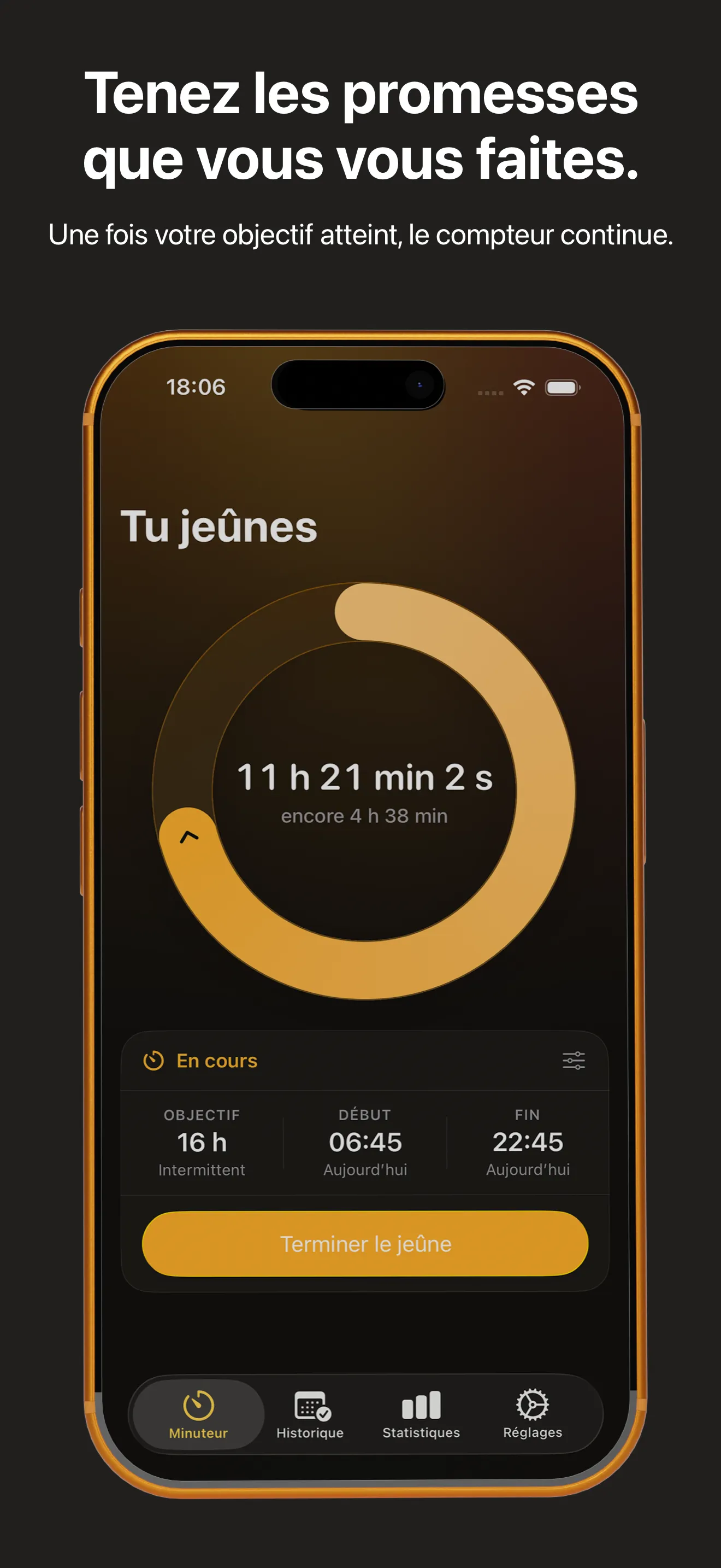 Le minuteur de jeûne : un anneau de progression avec le temps écoulé et le temps restant