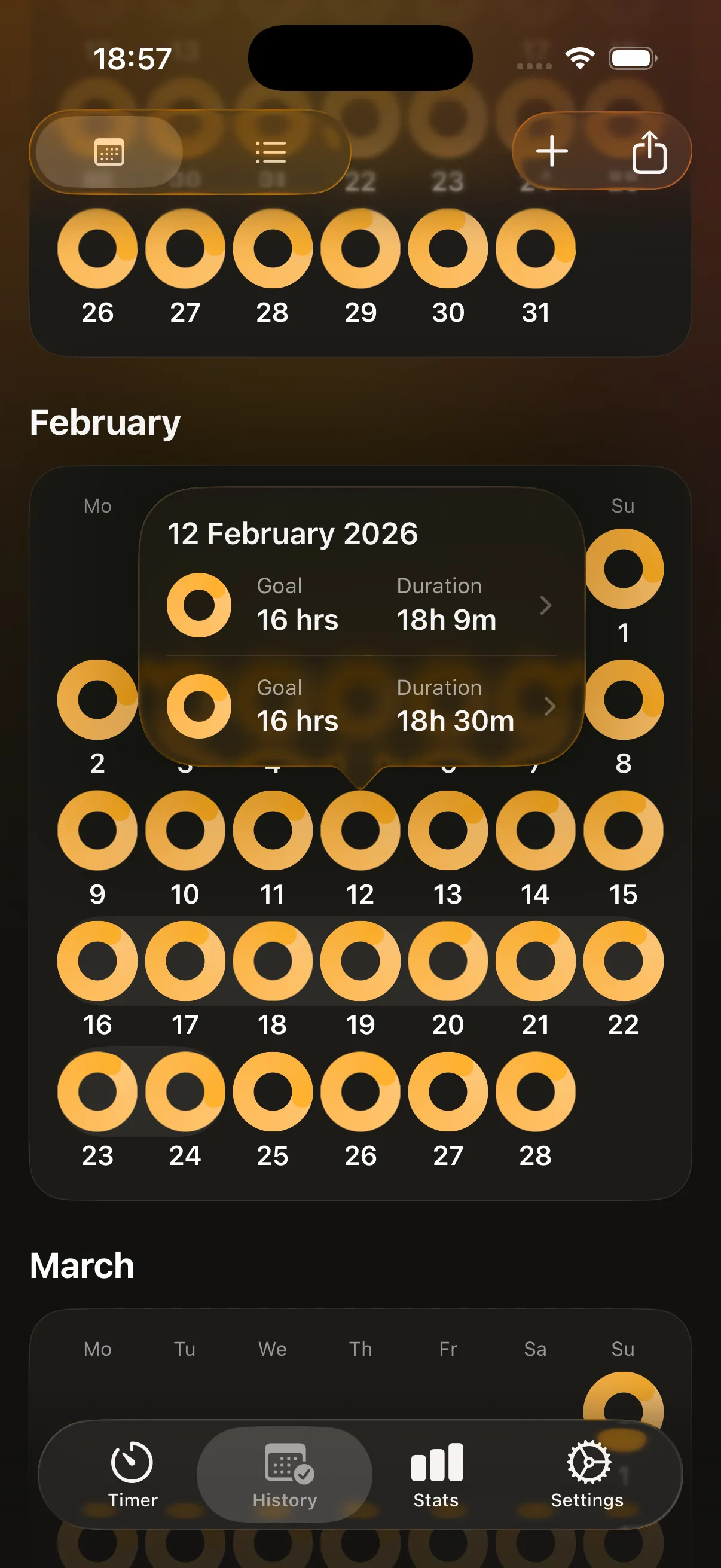 History calendar of completed fasts with a day detail popover