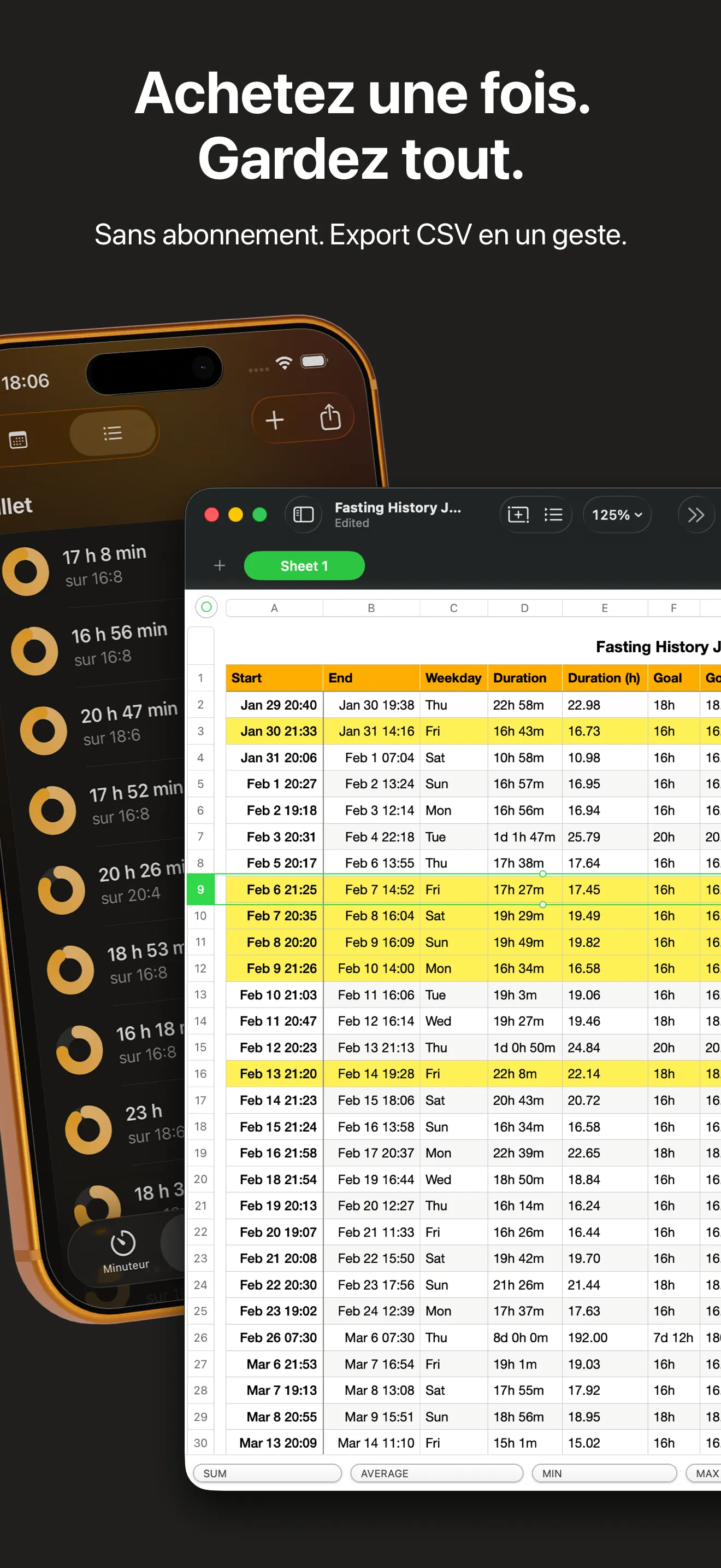 Export CSV de tout l’historique en une touche, ouvert dans un tableur