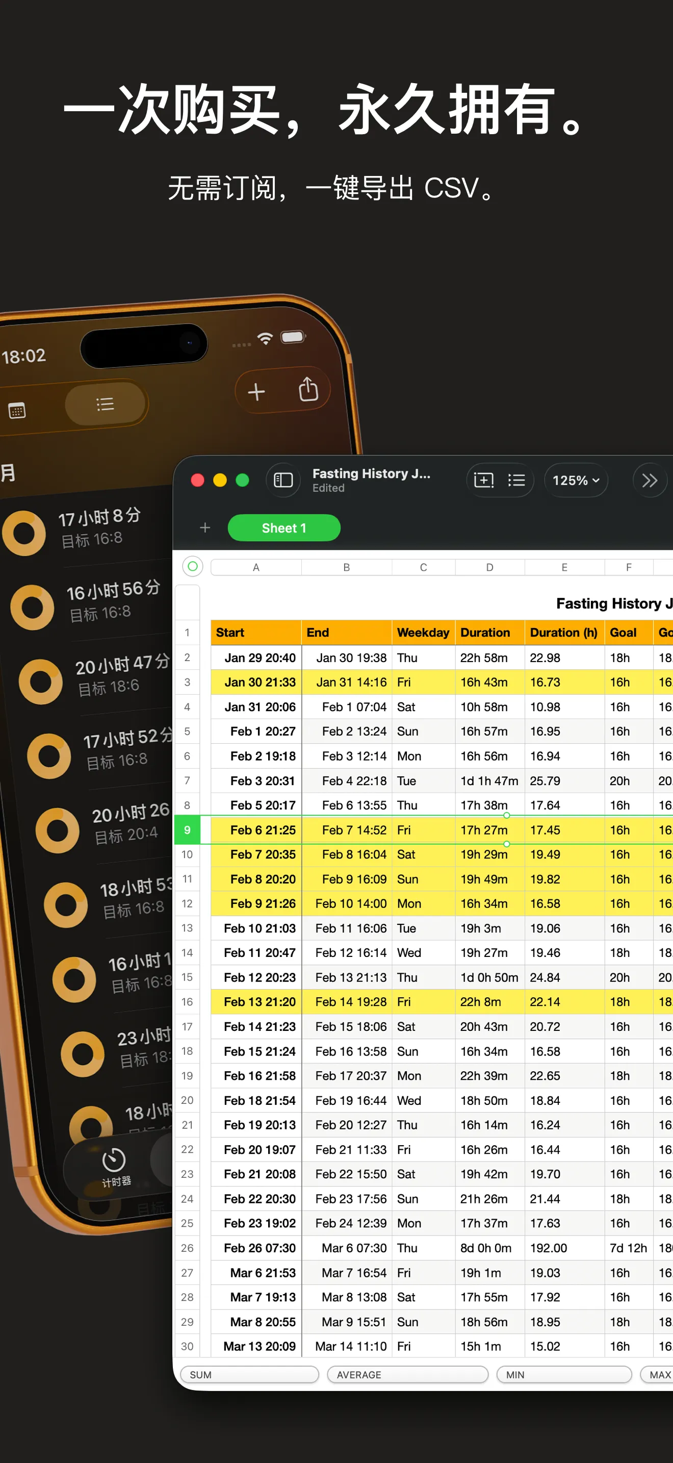 一键把全部记录导出为 CSV,在表格软件中打开的样子