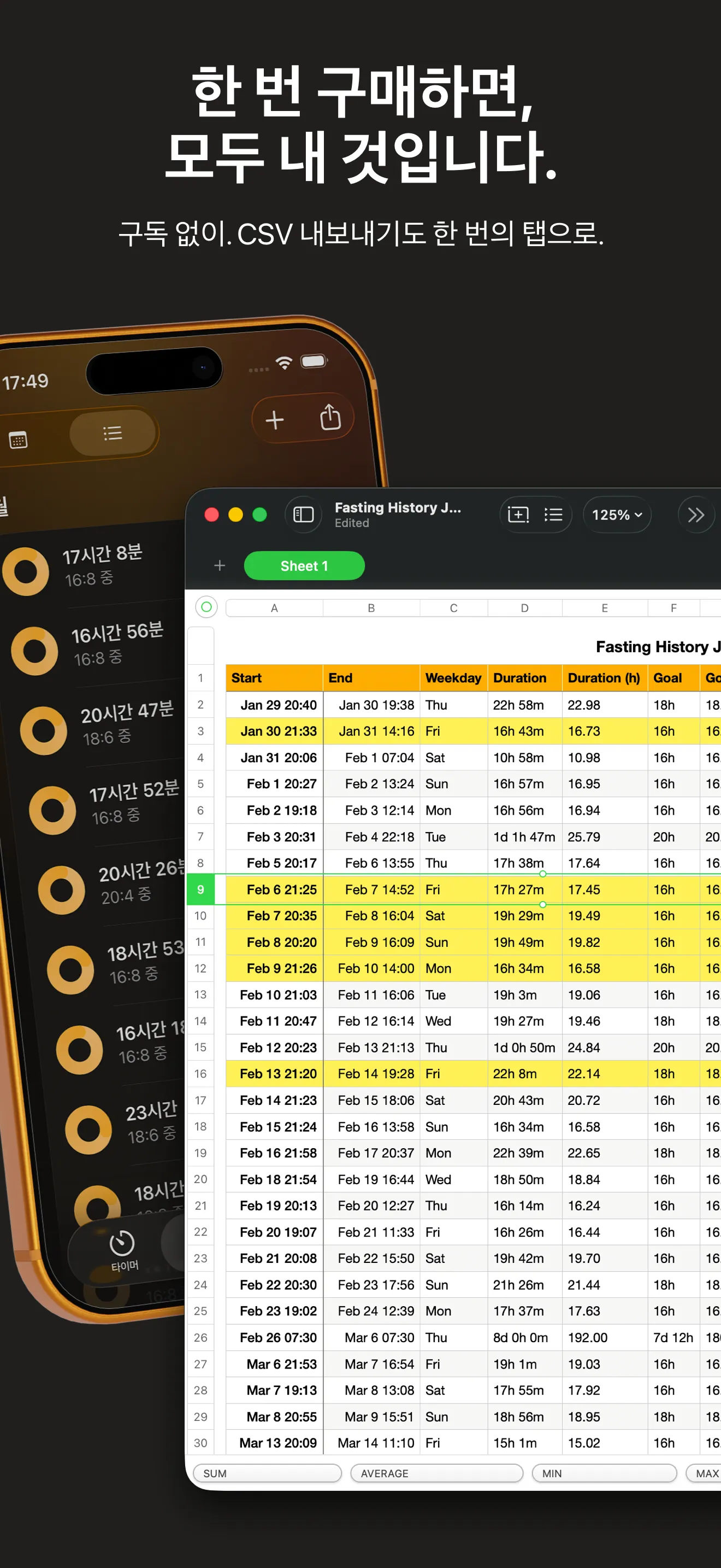 전체 기록을 한 번의 탭으로 CSV로 내보내 스프레드시트에서 연 모습