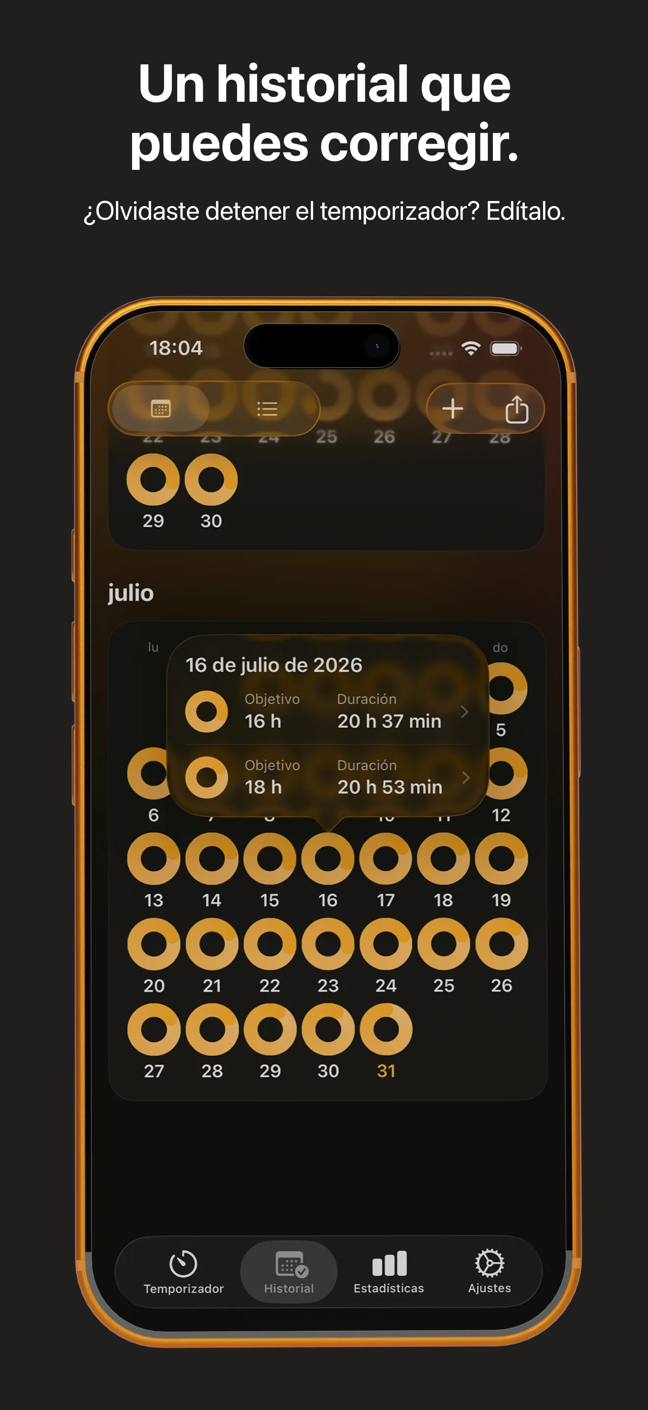 El historial como calendario, con el detalle de un día abierto